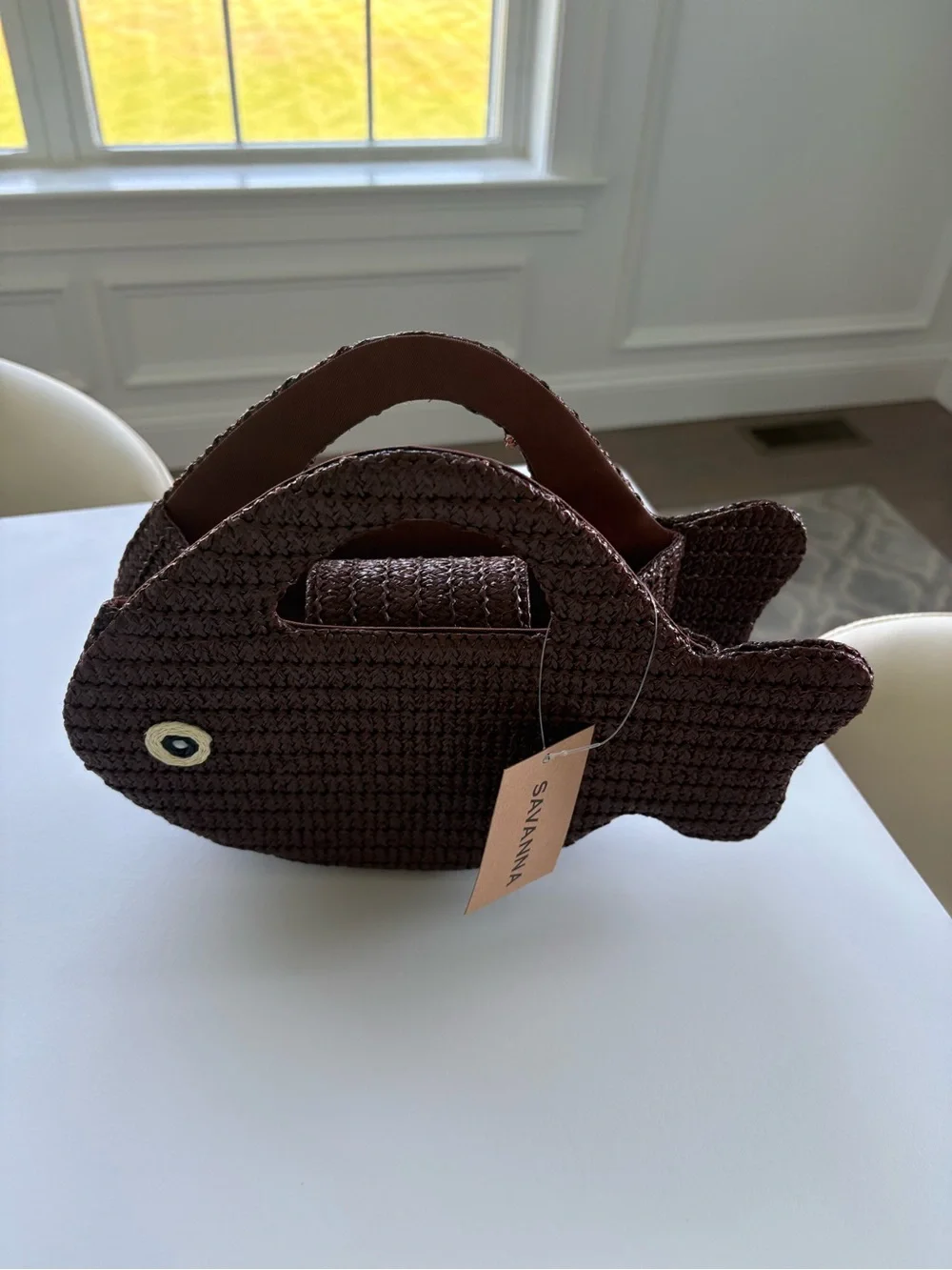 Dark Brown Straw Woven Fish Tote Bag